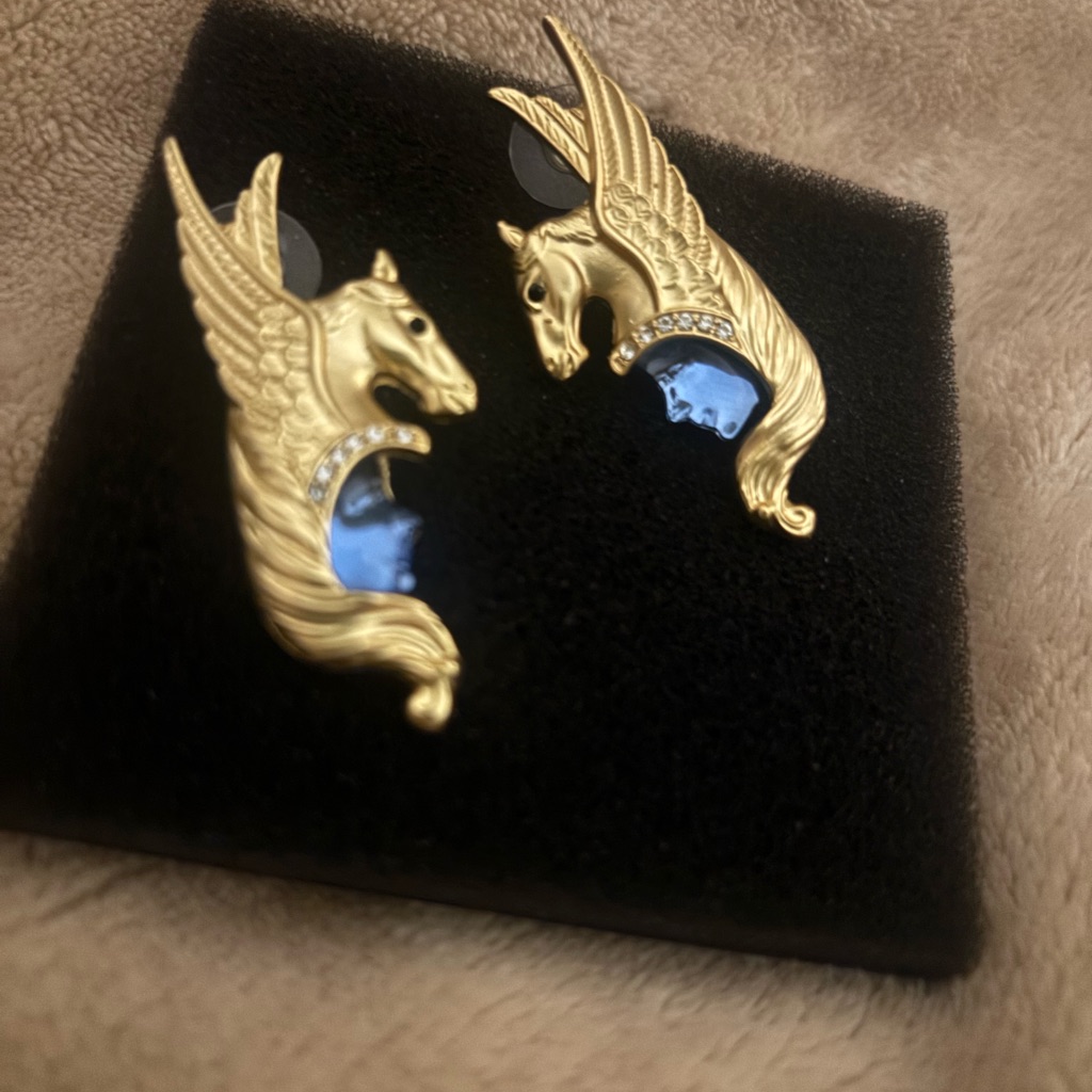 Gold And Blue Moon Face Winged Horse Earrings